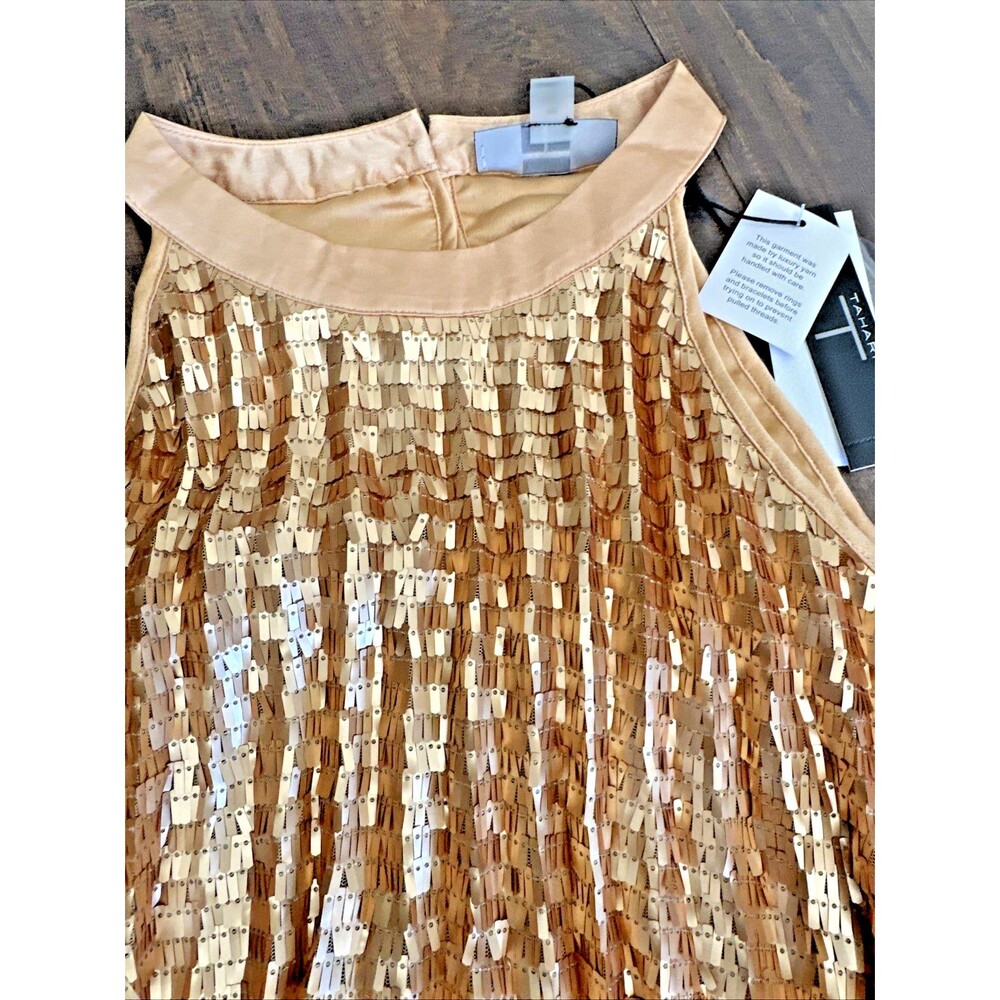 T Tahari Women's Chunky Sequined Pleated Halter Neck Party Top Blouse Gold 10 - Picture 4 of 9